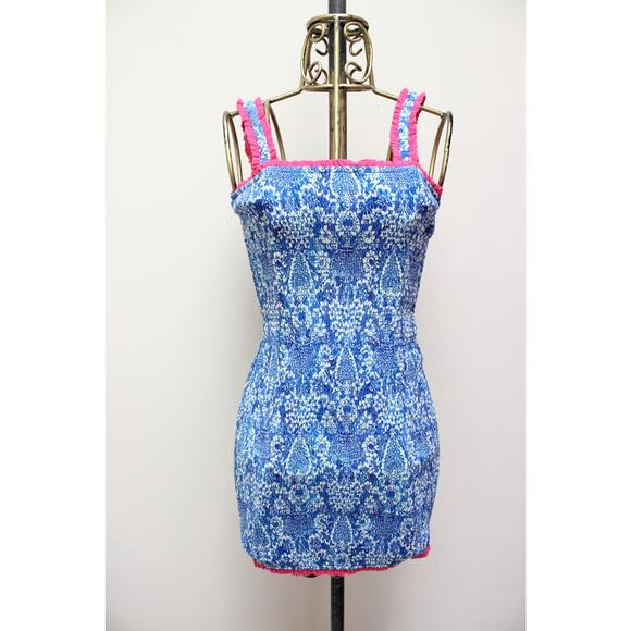 Rhode Resort Blue Jasmine Heart Hawaiian Smocked Mini Stretch Dress Small - Picture 2 of 6